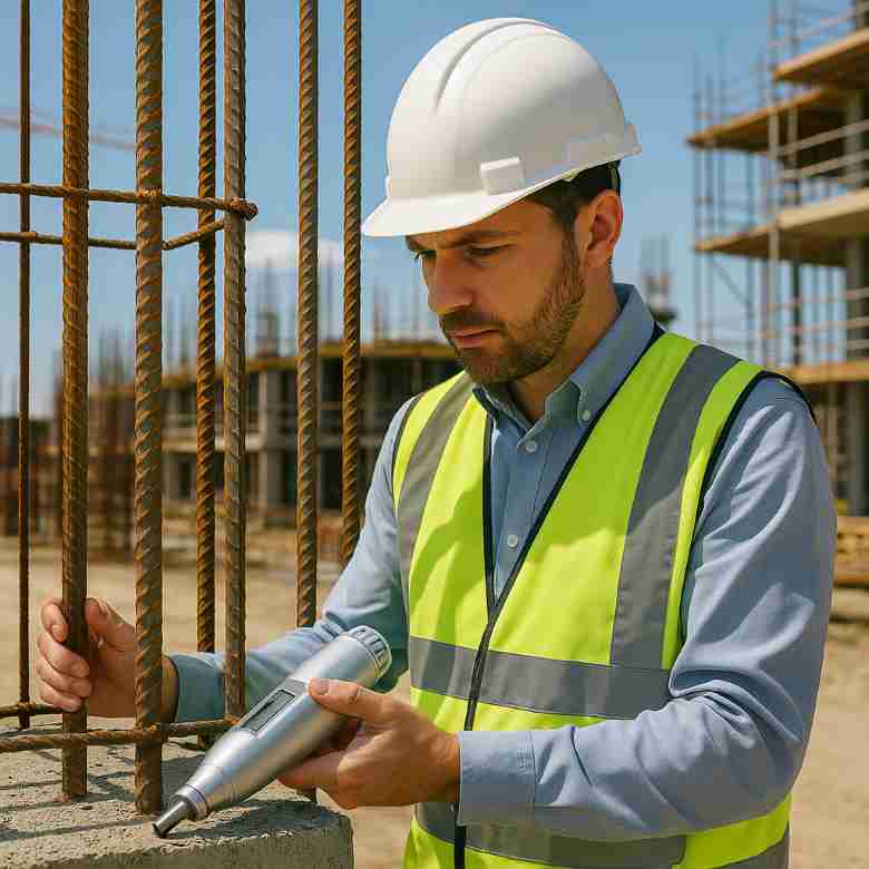 Site engineer checking concrete curing and rebar installation quality.