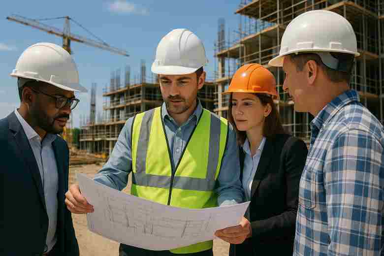 Site engineer discussing project progress with contractors and consultants on-site.
