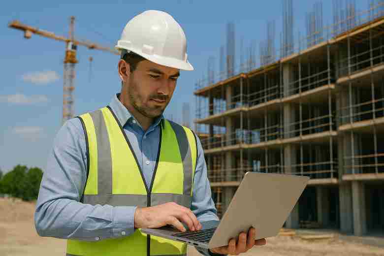 Site engineer updating a project schedule or Gantt chart at the site.
