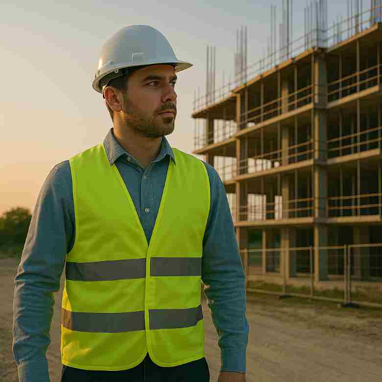 Site engineer conducting a final walkthrough and securing the site in the evening.