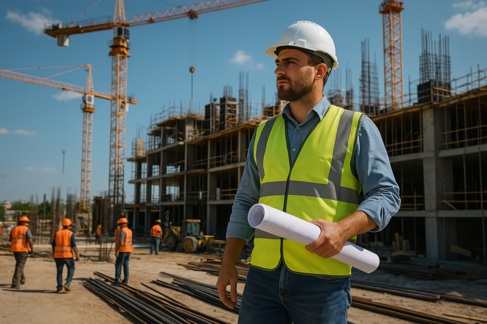 A dedicated site engineer overseeing construction progress and coordinating teams on-site.