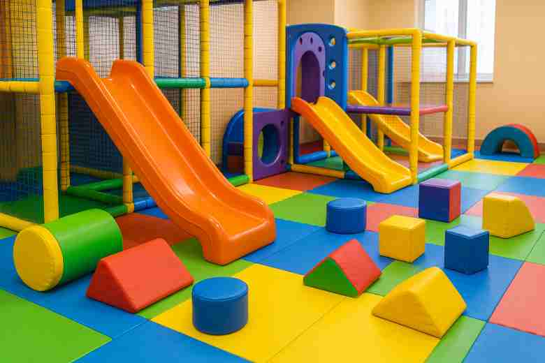 Colorful soft play equipment setup in a children's playground
