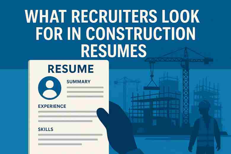 What Recruiters Look For in Construction Resumes – Featured Image with Resume Layout and Construction Site Background