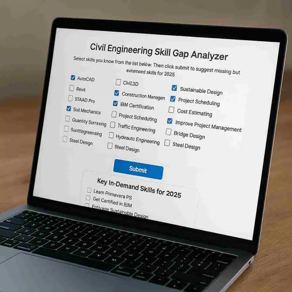 Civil Engineering Skill Gap Analyzer interface on a laptop screen