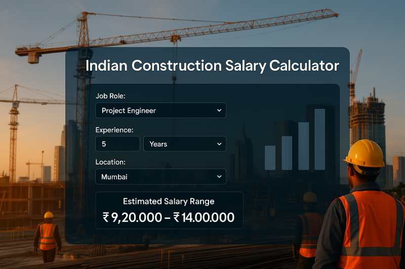 Digital dashboard over an active Indian construction site with cranes, workers, and salary charts