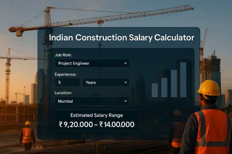 Digital dashboard over an active Indian construction site with cranes, workers, and salary charts