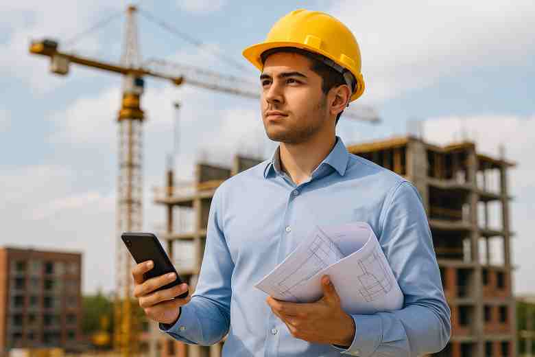 A young civil engineer reviewing site drawings while checking his phone for job alerts
