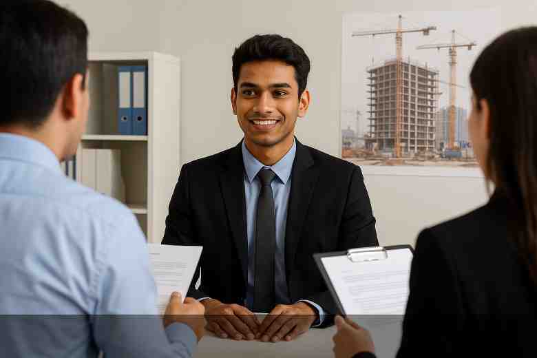 Construction fresher attending a walk-in interview confidently
