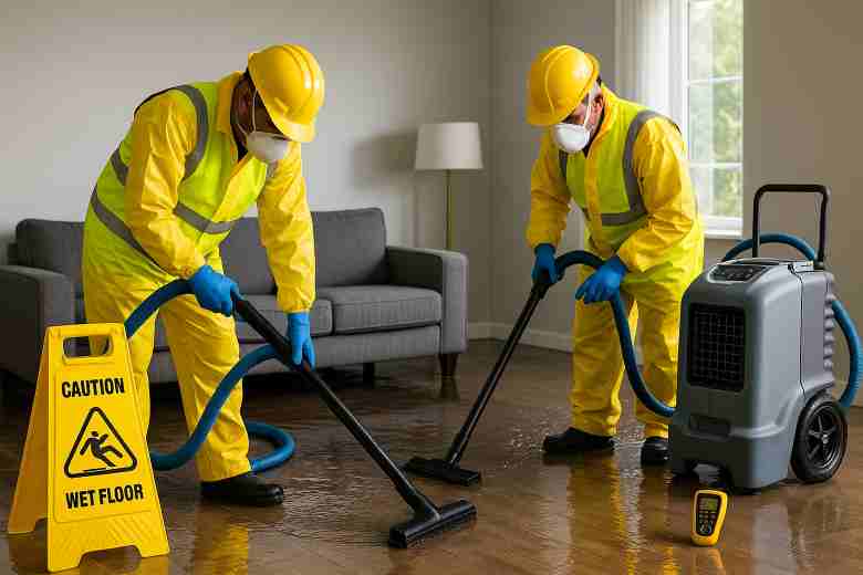 Technicians extracting floodwater from a hardwood floor with industrial equipment.