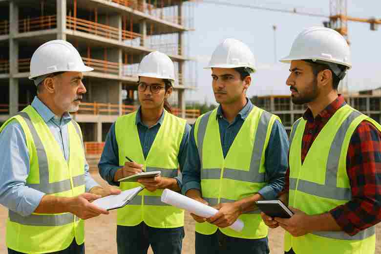 Entry-level civil engineers receiving training at a live construction project site