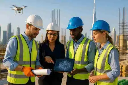 Engineers and skilled workers collaborating on an international job site