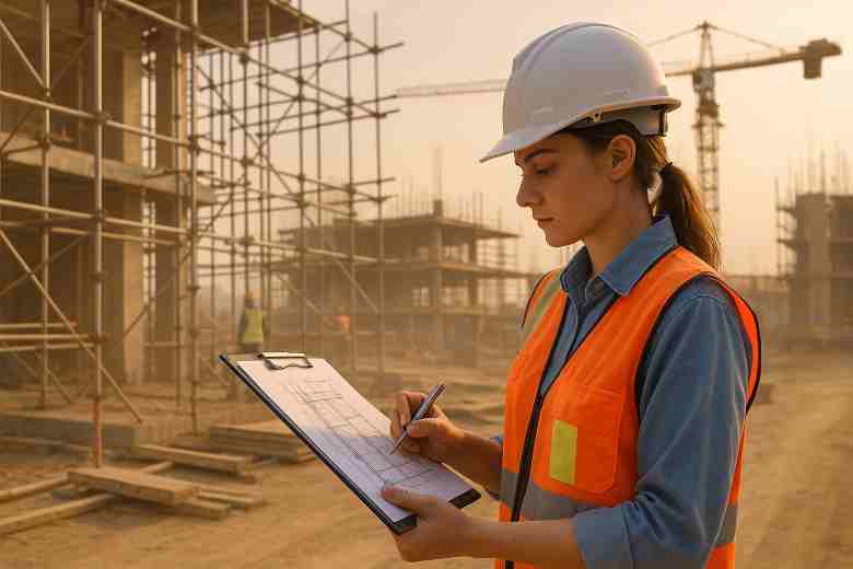 A young civil engineer reviewing site plans amidst an active construction site.