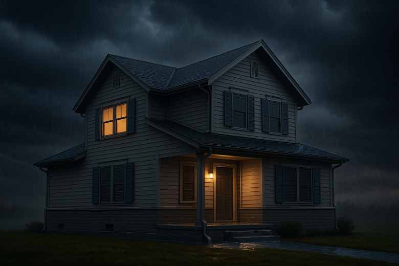 Storm-resistant house with reinforced roofing and sealed windows during a hurricane