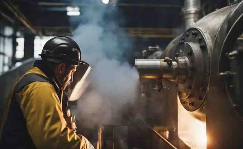 Technician inspecting a boiler for critical damage signs