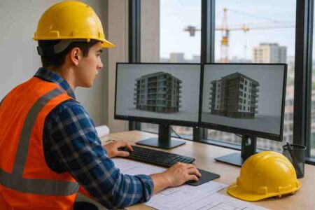 Civil-engineering student wearing a hard hat and safety vest reviews a 3-D apartment model on dual monitors in a bright office, with city cranes visible outside. non-site based construction jobs for students