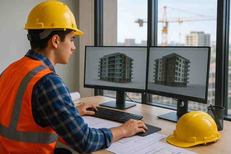 Civil-engineering student wearing a hard hat and safety vest reviews a 3-D apartment model on dual monitors in a bright office, with city cranes visible outside. non-site based construction jobs for students
