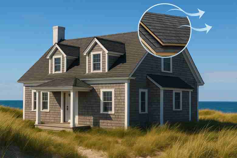 Cape Cod coastal home with high-quality shingle roofing under a clear blue sky