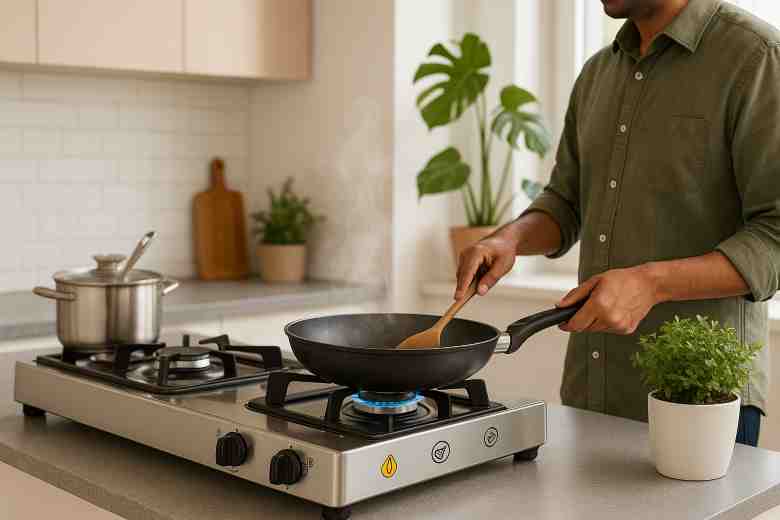 A modern Indian kitchen with a stylish LPG gas stove, utensils, and greenery around