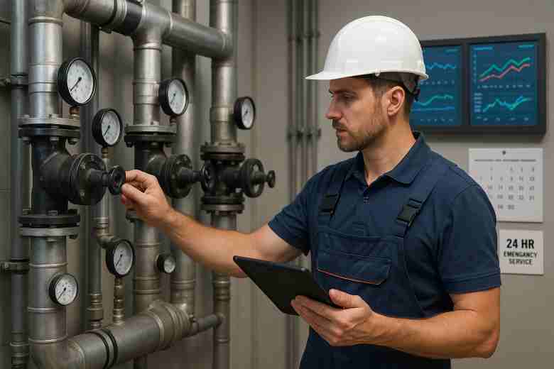 Professional plumber inspecting commercial piping system in a modern office building