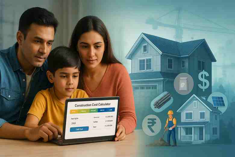 Photorealistic split-screen: family using laptop cost-calculator (left) and semi-transparent two-storey house blueprint with icons for cement, steel, labour, solar panels against a cool blue-green construction-site backdrop (right)