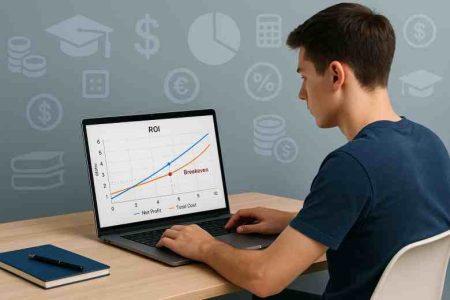 Student calculating ROI for higher education on a laptop