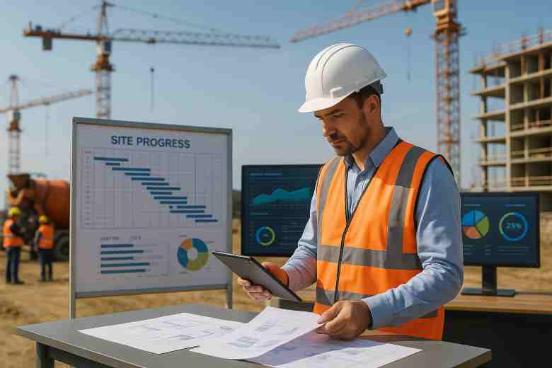 Project manager reviewing construction reports on-site