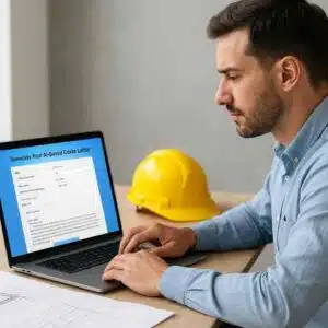 Construction professional generating AI cover letter on laptop