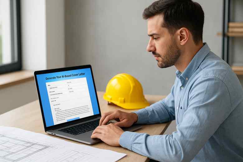Construction professional generating AI cover letter on laptop