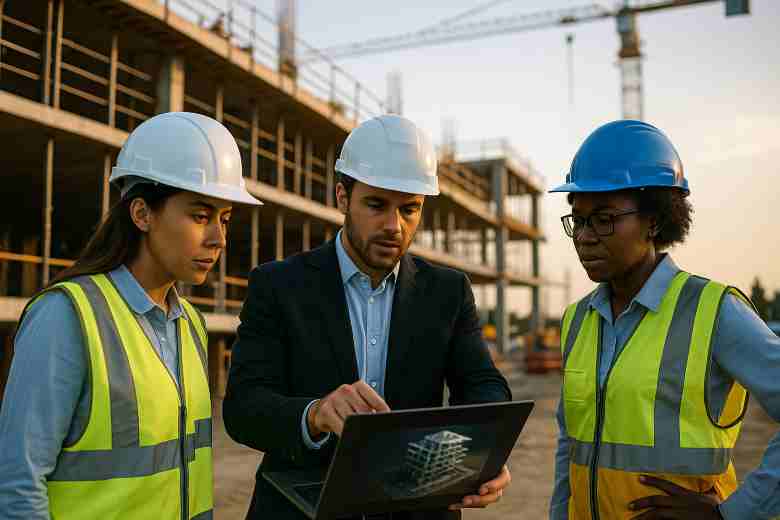 Diverse construction professionals reviewing a digital 3D BIM model on a laptop at a construction site