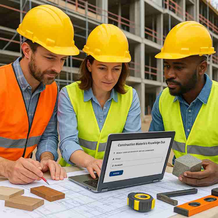 Construction materials quiz online with civil engineers testing their knowledge using a computer.