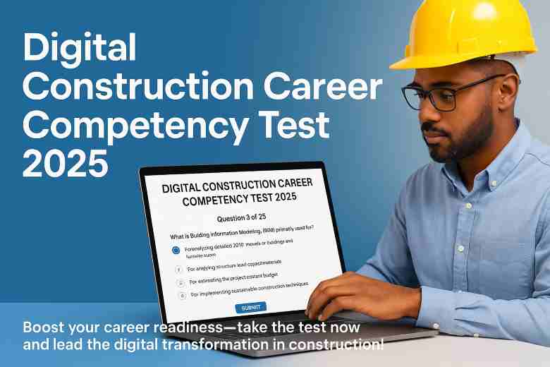 Digital Construction Career Competency Test 2025 – a young engineer in a yellow hard hat takes an online exam on a laptop, with the test title and a career readiness call-to-action in a modern blue background.