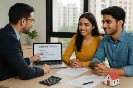 A young couple reviews their home loan eligibility with a mortgage advisor, using documents and a digital calculator.