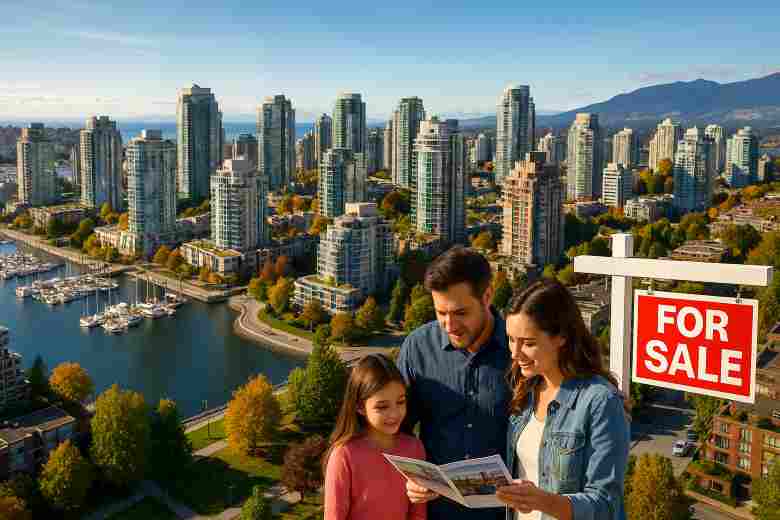 Modern Vancouver skyline with residential condos and waterfront homes