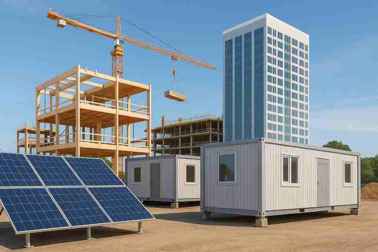 Net-zero construction site with solar panels and mass timber structure