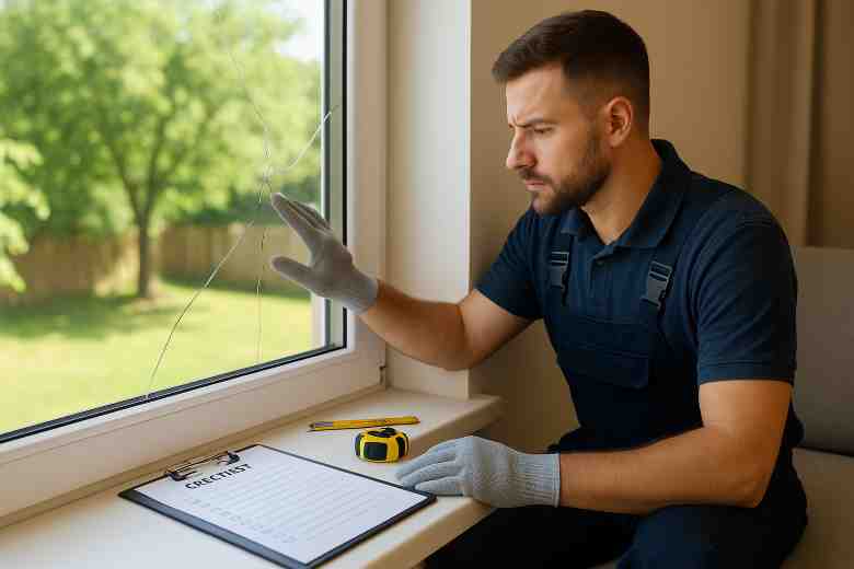 A technician evaluating whether to repair or replace a cracked window pane in a residential home.