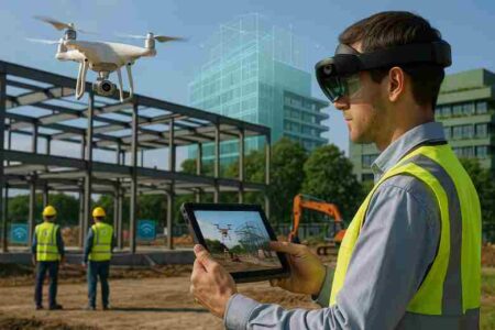 smart site engineer using AR headset and drone data on tablet at eco-friendly build