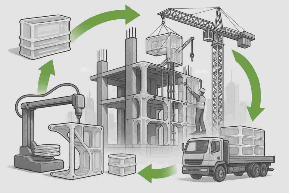 3D printed bioplastic formwork system showing reusable modular components for sustainable concrete construction