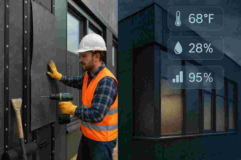 Professional construction worker applying advanced weatherproofing membrane system to commercial building exterior with integrated rainscreen technology