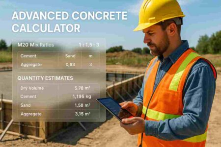 Construction foreman using tablet beside formwork with mix data overlay