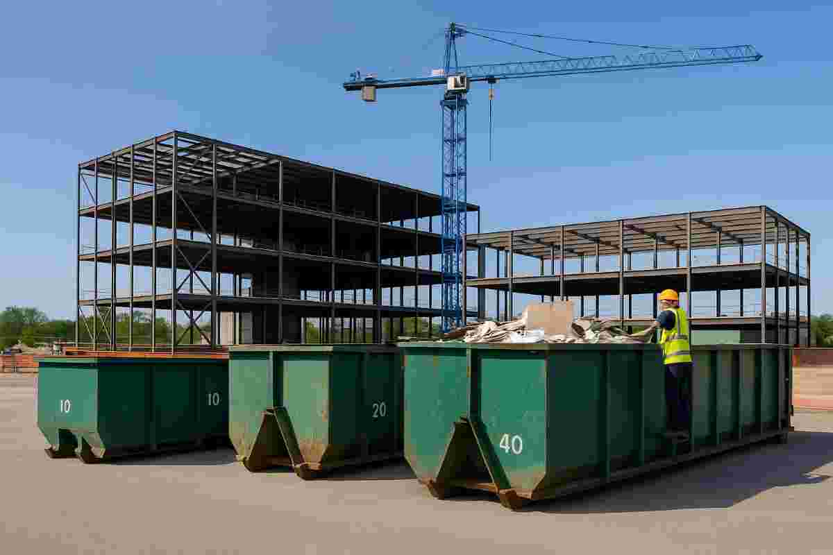 Roll-off dumpsters on a construction site organized by size