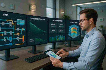 BMS Engineer monitoring smart building control systems dashboard