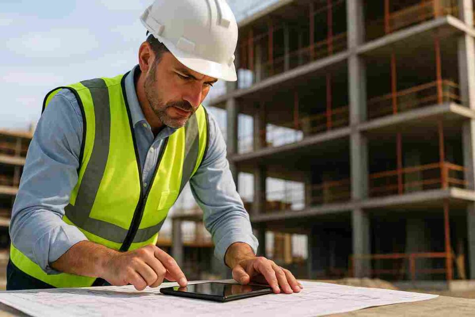 Construction manager reviewing blueprints onsite