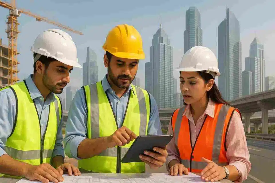 Civil engineers working on smart city infrastructure project with digital tablets and modern construction equipment in India 2025