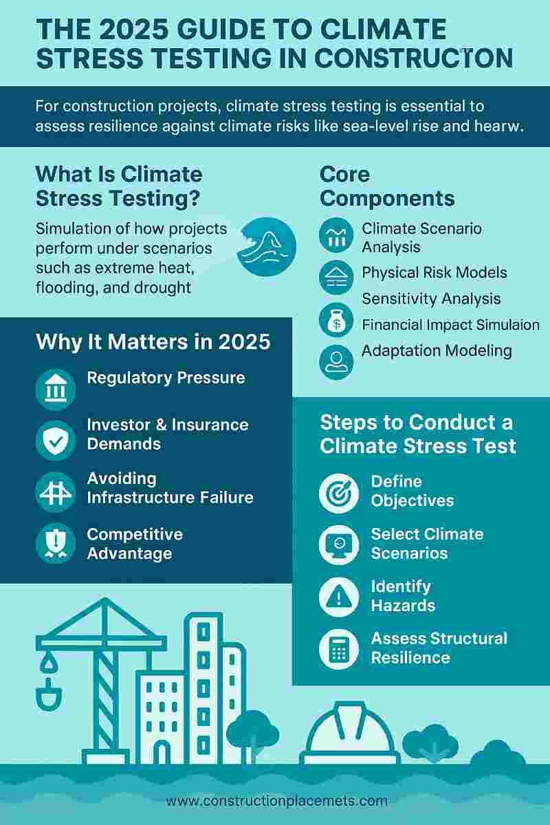 Infographic summarizing climate stress testing in construction for 2025, including its definition, importance, core components, and steps for implementation.