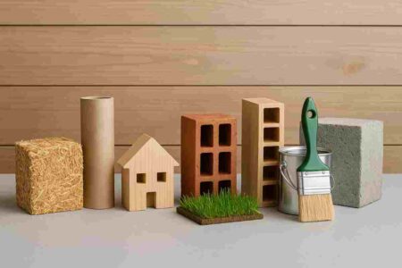 eco-friendly building materials arranged on a neutral background