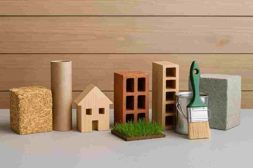 eco-friendly building materials arranged on a neutral background