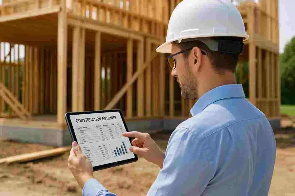 Architect reviewing construction cost estimate on tablet at building site