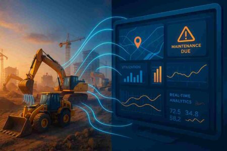Construction fleet management software dashboard showing real-time equipment tracking and analytics