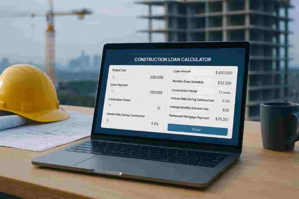Sleek laptop on a wooden desk at a construction site, displaying a Construction Loan Calculator interface, with blueprints, hard hat, and coffee mug in the foreground and a blurred crane and unfinished building in the background.