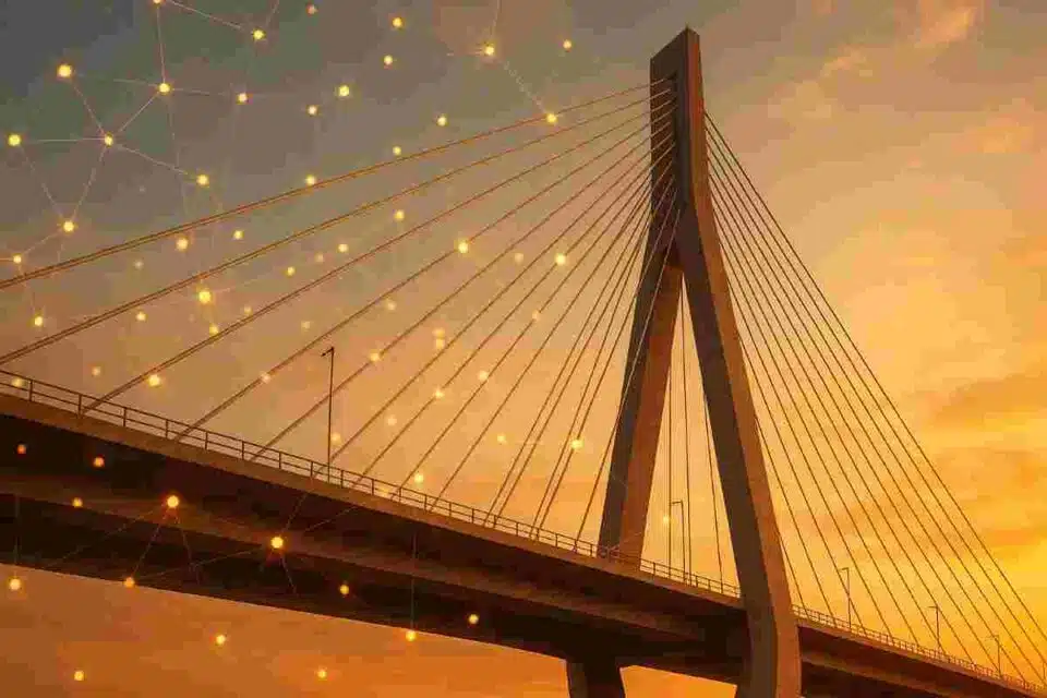Modern suspension bridge at sunset with digital network overlay showing connected investor icons representing crowdfunded infrastructure financing